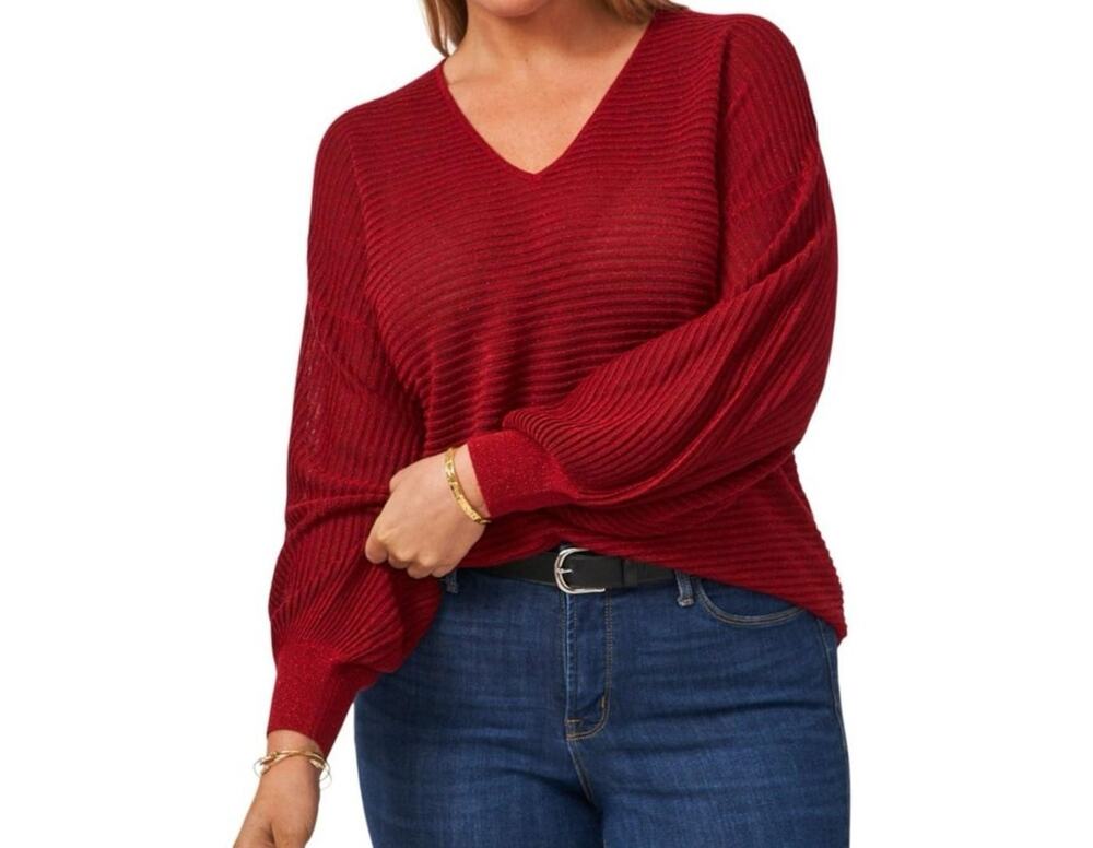 1.STATE Sweater Women's 0X Metallic Pullover Balloon Sleeve Midnight Garden